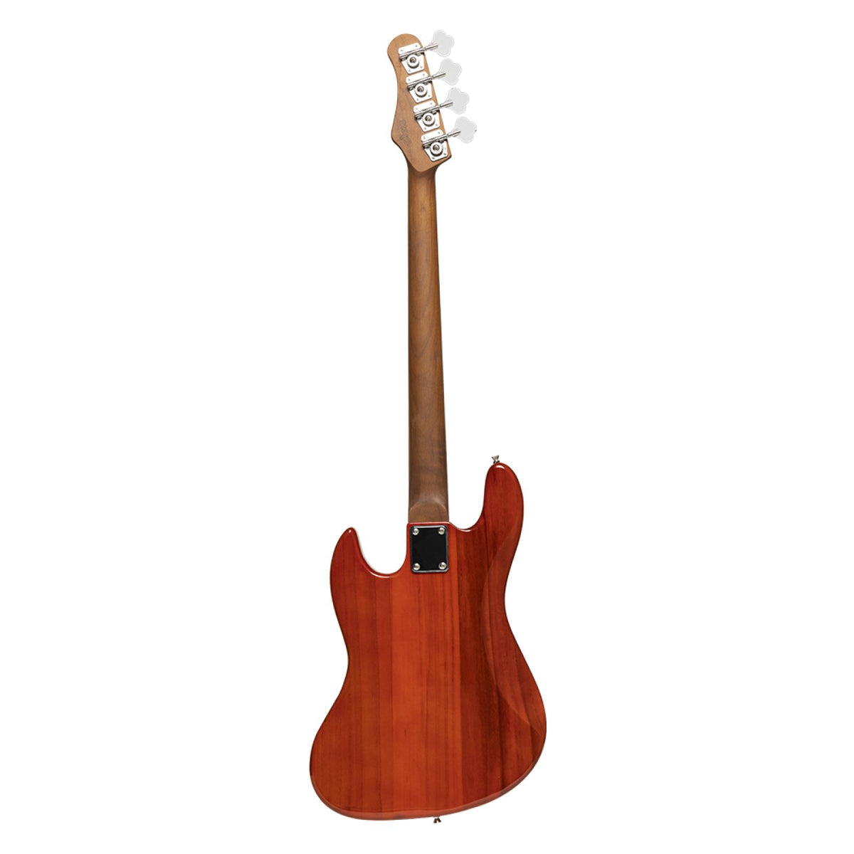 Back of the Fiesta Red Stagg SBJ-30 bass showing the roasted maple neck and red body