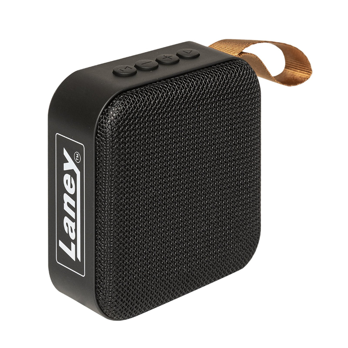 Laney LSS-45 compact Bluetooth speaker, black fabric grille with Laney logo on the side and tan carry strap