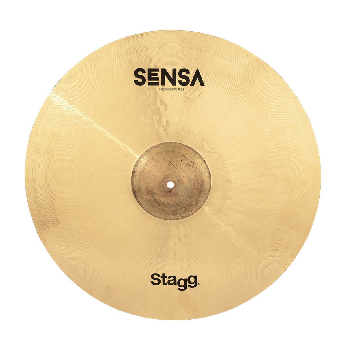 Stagg SEN-RM21E 21-inch SENSA Exo Ride cymbal, top-down view of the bow, raw bell and logos