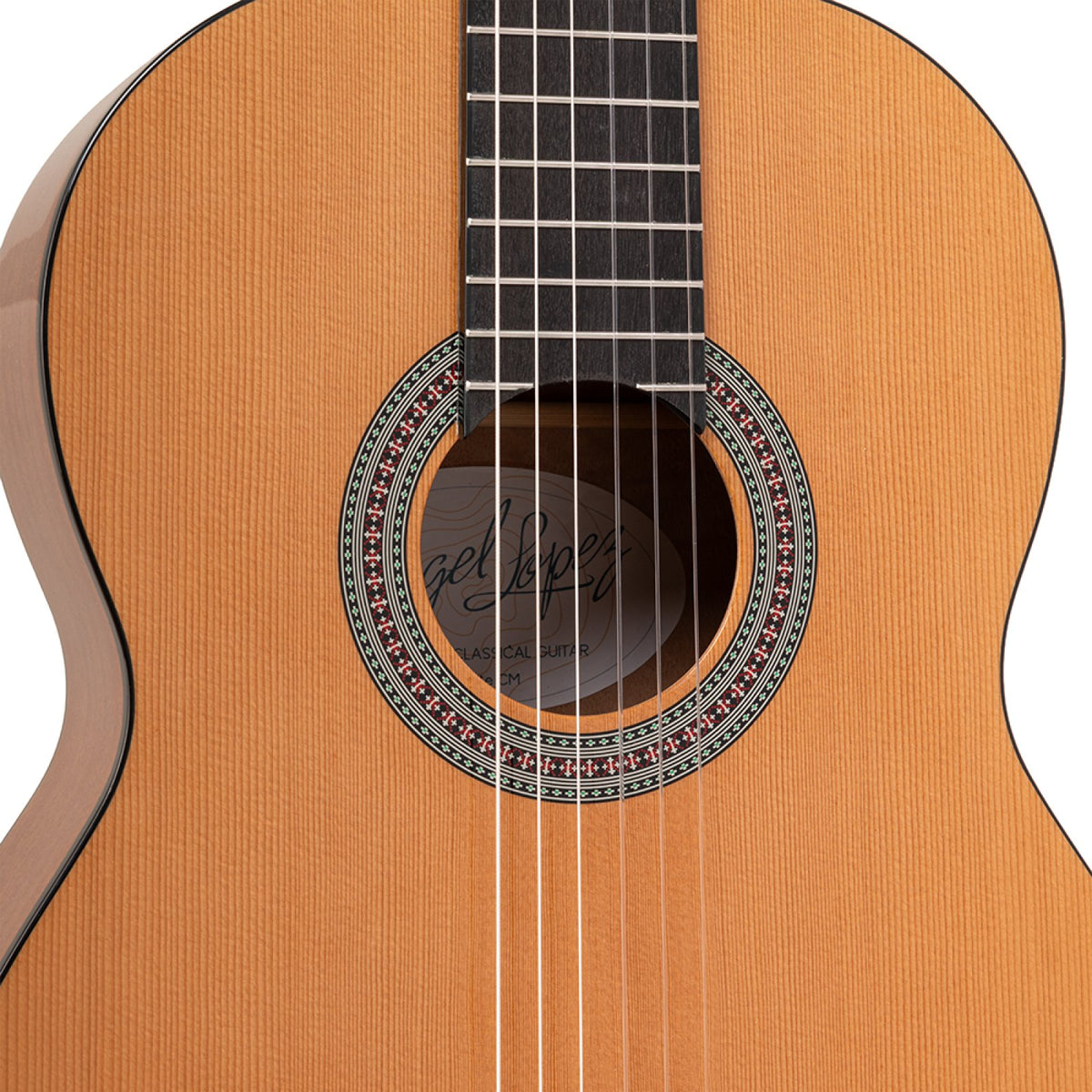 Close-up of the Angel Lopez Alicante CM cedar top, soundhole rosette and rosewood fingerboard