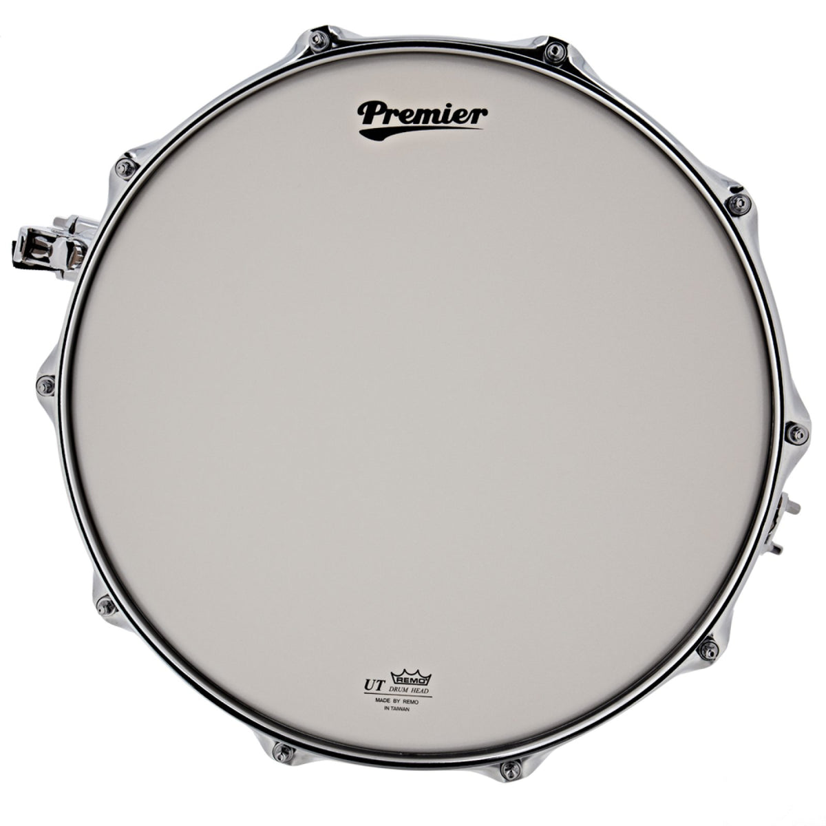 Top view of the coated batter head with Premier logo on the Premier Beatmaker 13" x 7" maple snare drum