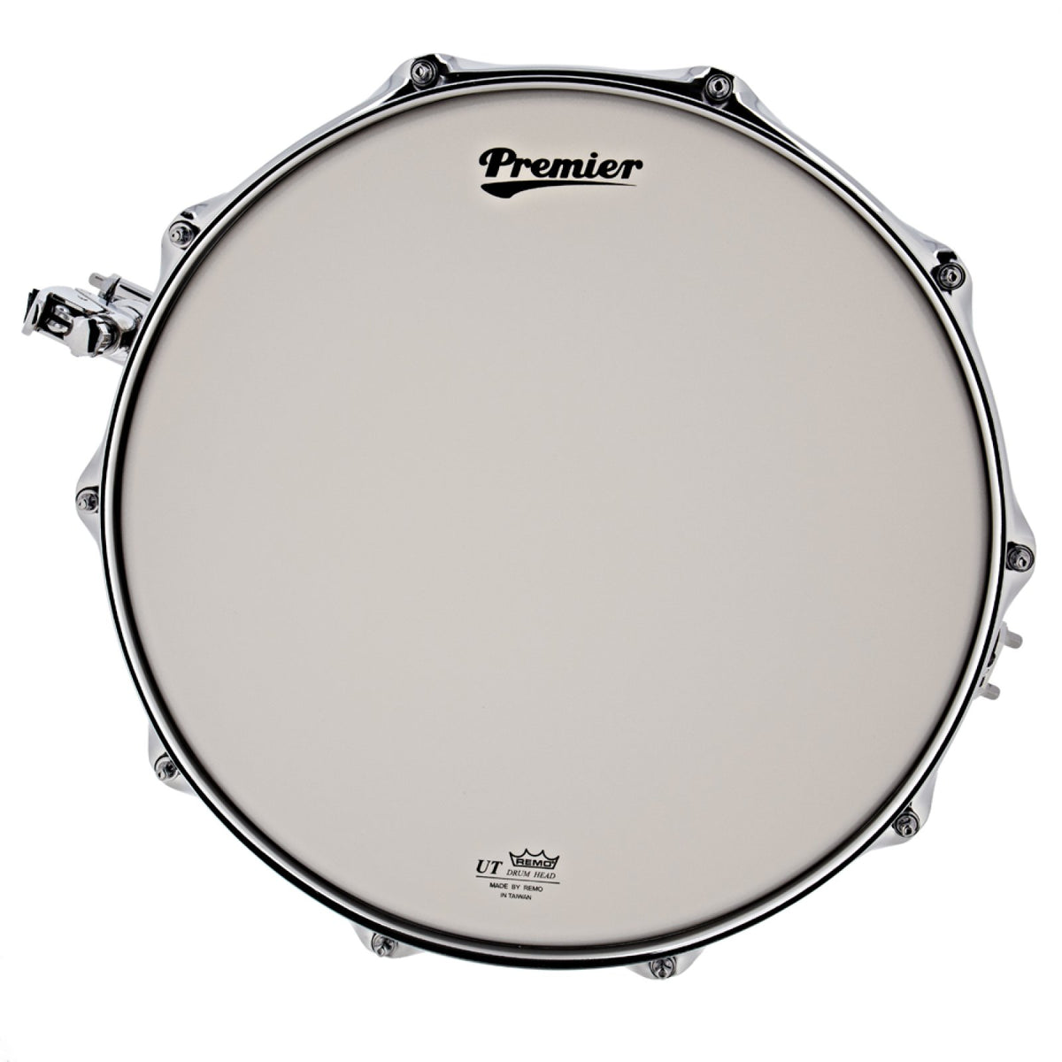 Underside of the Premier Beatmaker 14" x 5.5" maple snare drum showing the snare-side head and 20-strand snare wires