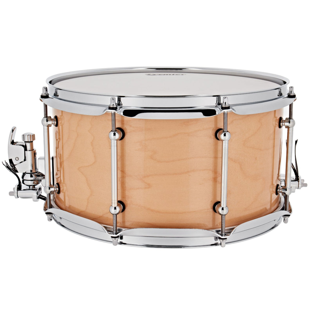 Front view of the Premier Beatmaker 14" x 7" maple snare drum with natural lacquer shell, chrome hoops and tube lugs