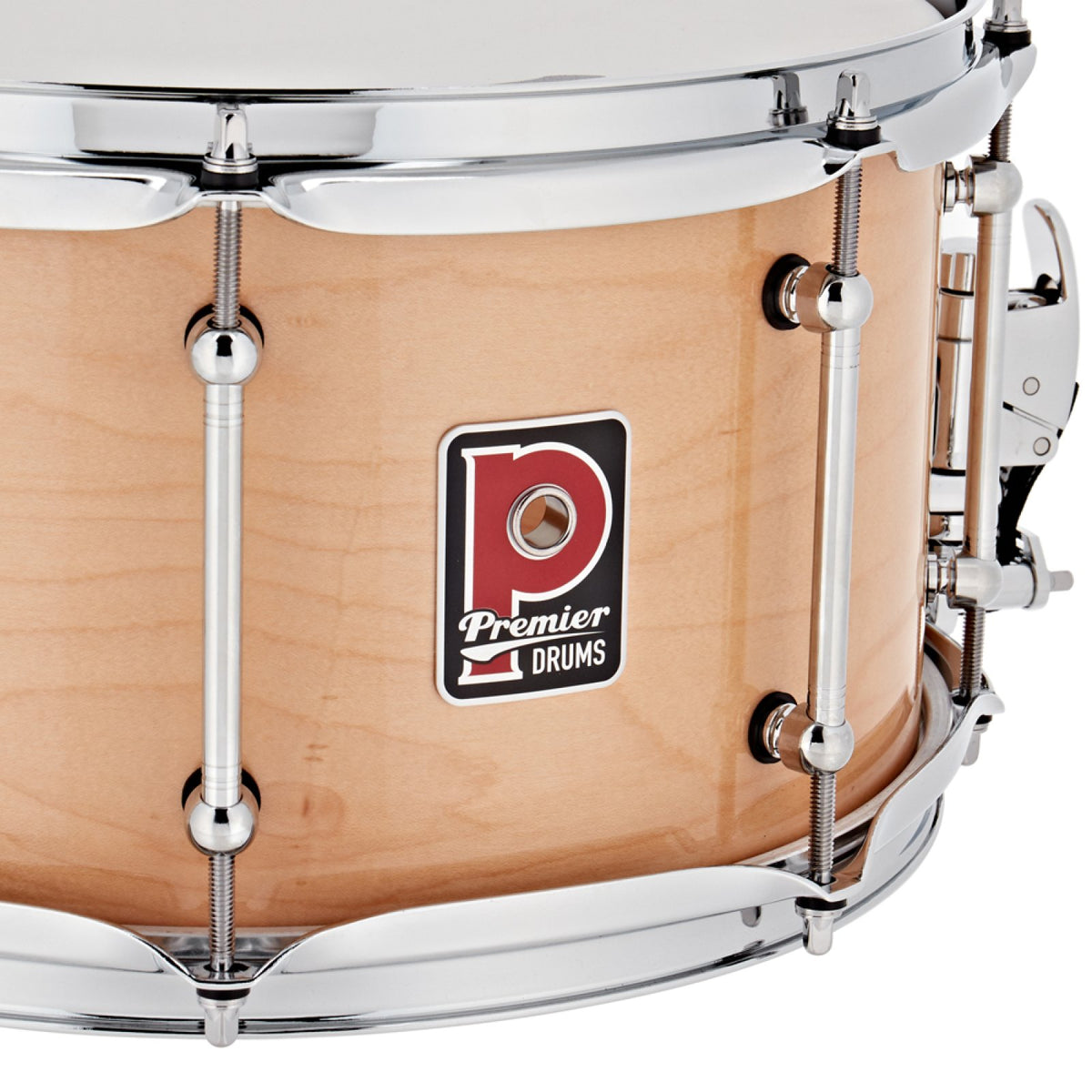 Close-up of the Dunnett snare strainer and throw-off on the Premier Beatmaker 14" x 7" maple snare drum
