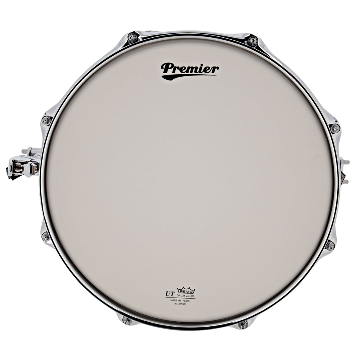 Underside of the Premier Beatmaker 14" x 7" maple snare drum showing the snare-side head and 20-strand snare wires