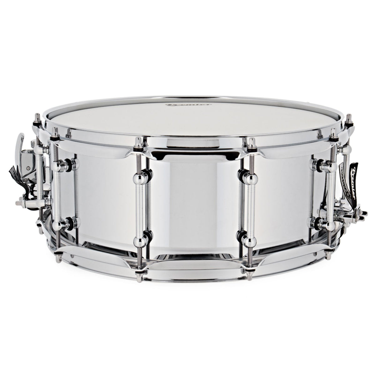 Front view of the Premier Beatmaker 14" x 5.5" steel snare drum with chrome steel shell, chrome hoops and tube lugs
