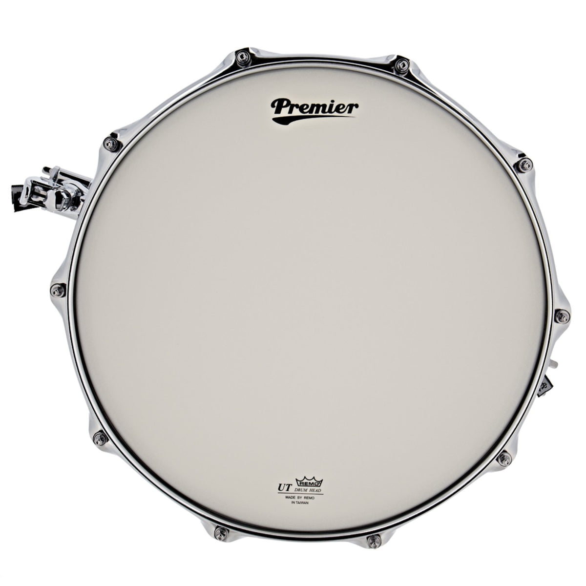 Top view of the coated batter head with Premier logo on the Premier Beatmaker 14" x 5.5" steel snare drum