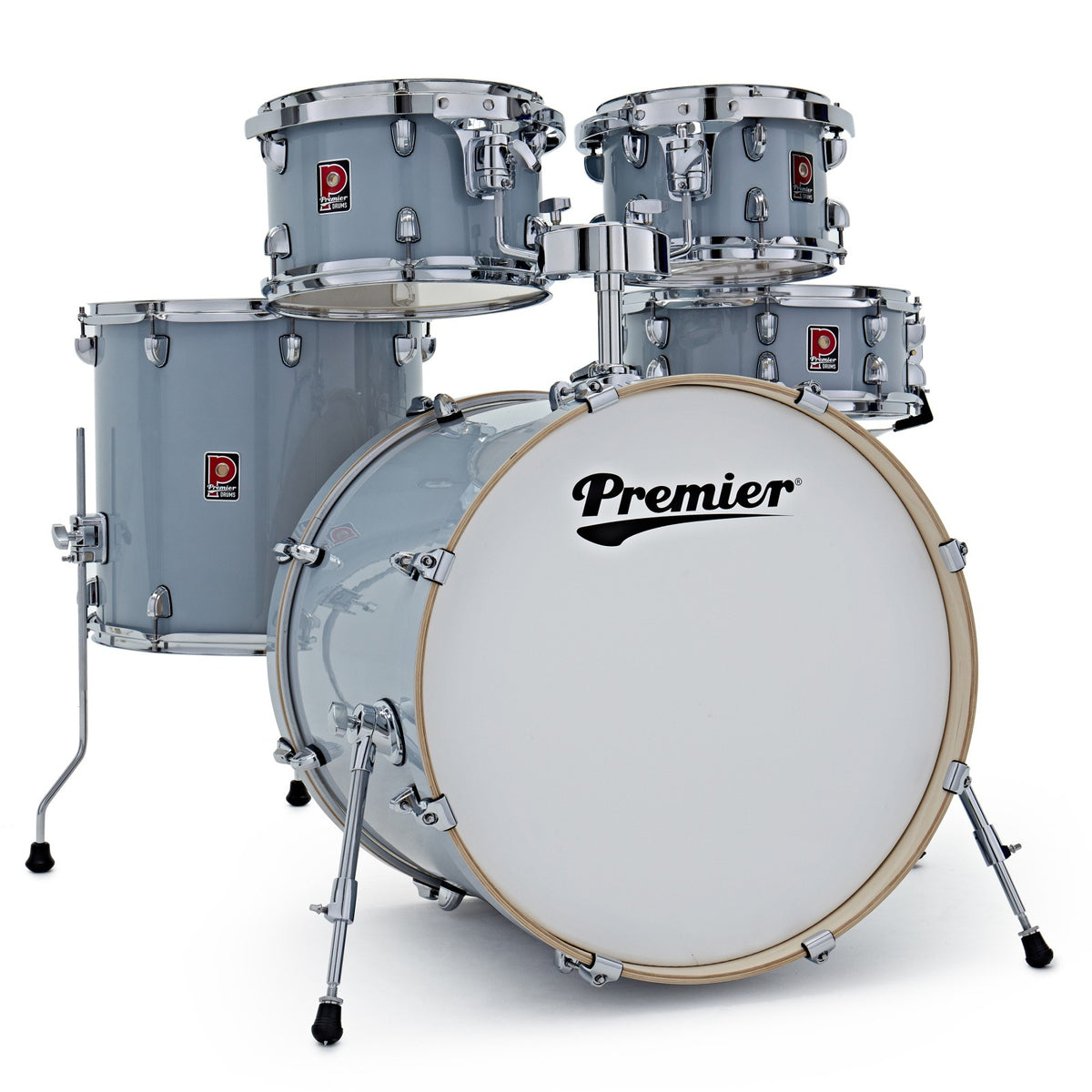 Premier Artist 5-piece shell pack in Steel Grey with chrome hardware, showing the bass drum with Premier logo head, floor tom and three mounted toms