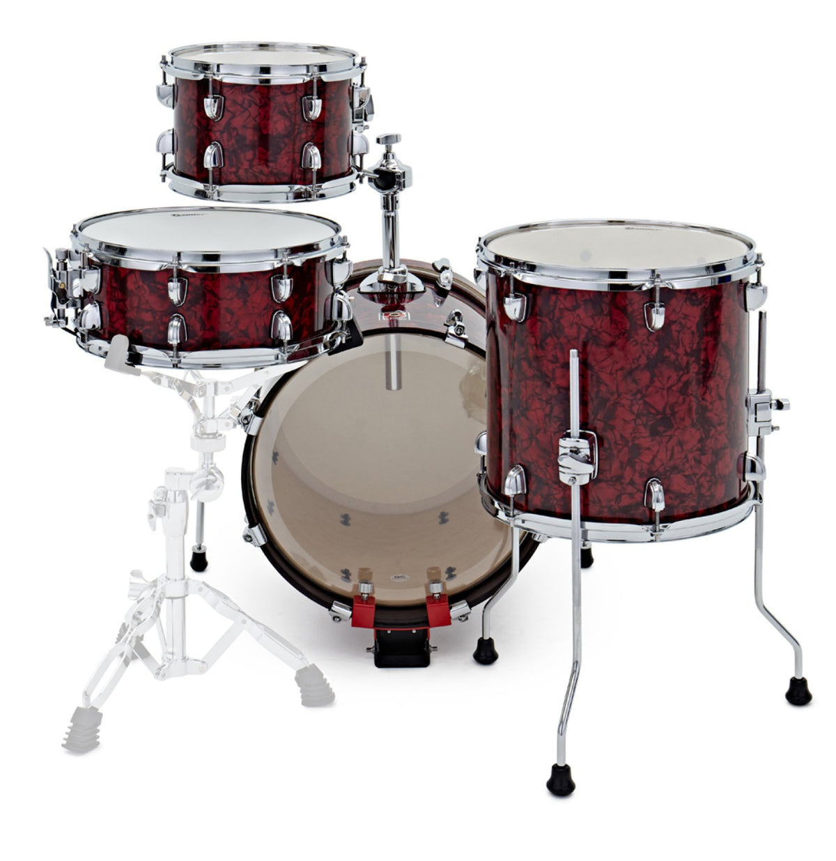 Front view of the Premier Artist Heritage 16-inch 4-piece shell pack in Burgundy Pearl, with toms, snare and bass drum shown on stands (stands and pedal are not included)