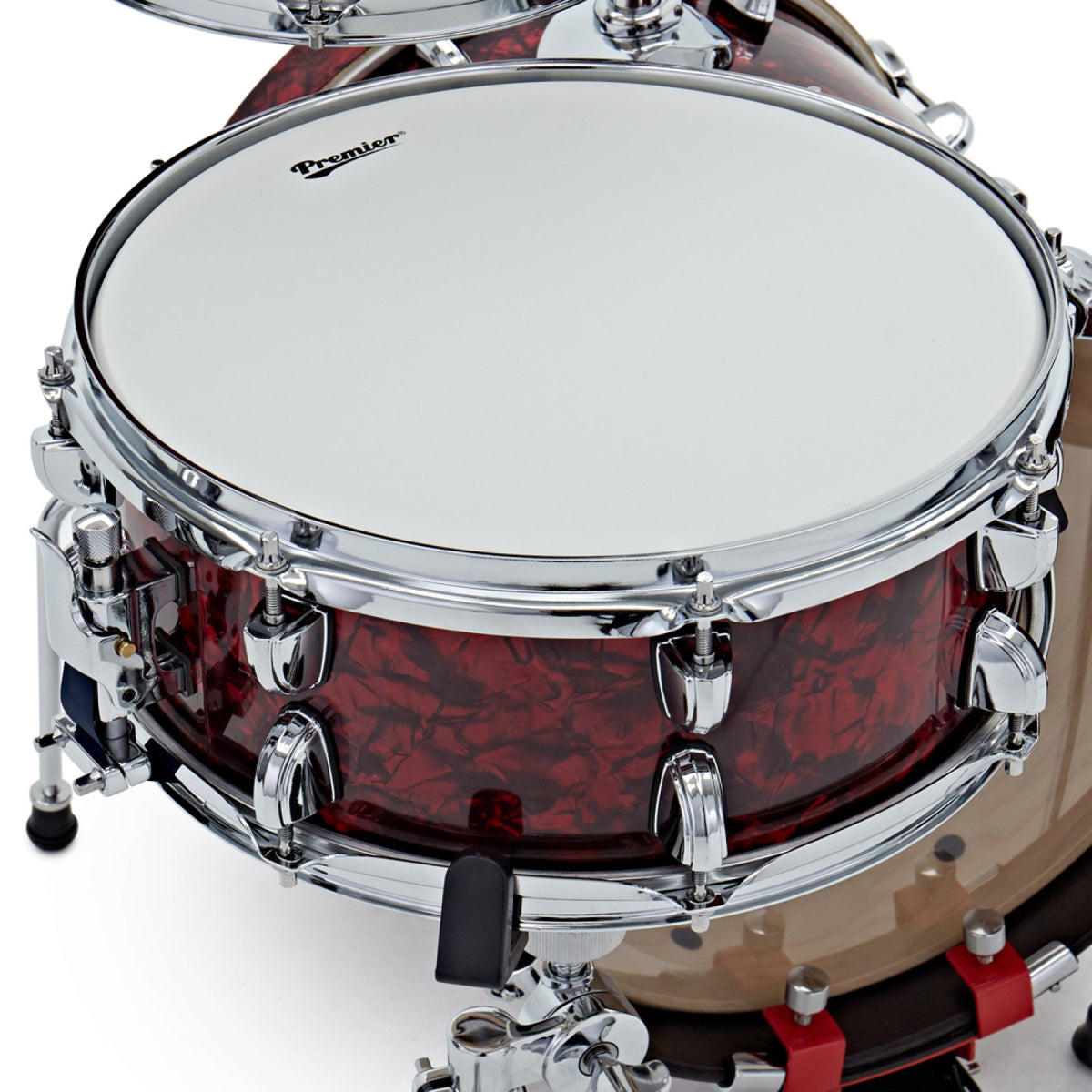 Top view of the snare drum with coated head from the Premier Artist Heritage 16-inch 4-piece shell pack in Burgundy Pearl
