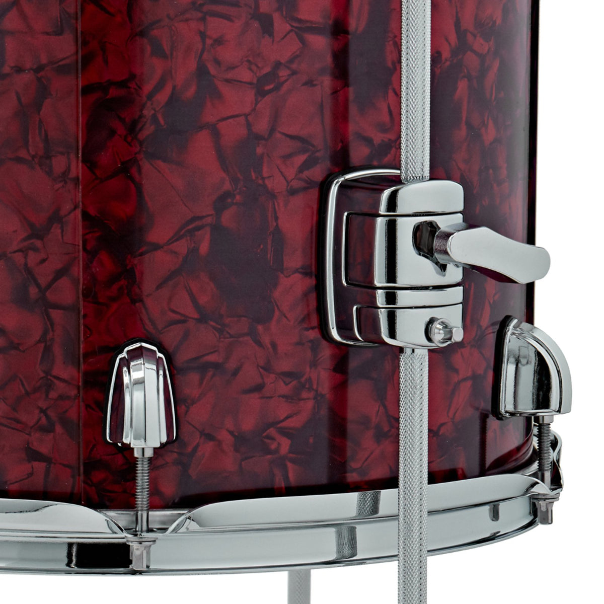 Close-up of the floor tom leg bracket and lugs on the Premier Artist Heritage 16-inch 4-piece shell pack in Burgundy Pearl