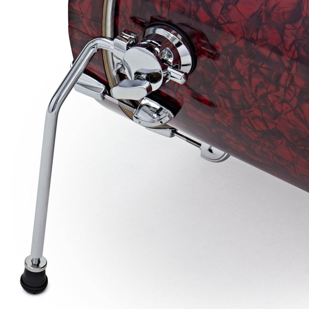Close-up of the folding bass drum spur on the Premier Artist Heritage 16-inch 4-piece shell pack in Burgundy Pearl