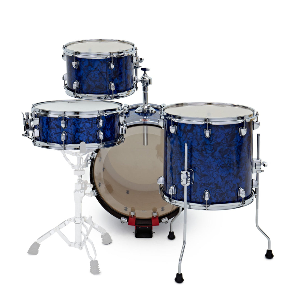 Front view of the Premier Artist Heritage 18-inch 4-piece shell pack in Blue Pearl, with toms, snare and bass drum shown on stands (stands and pedal are not included)