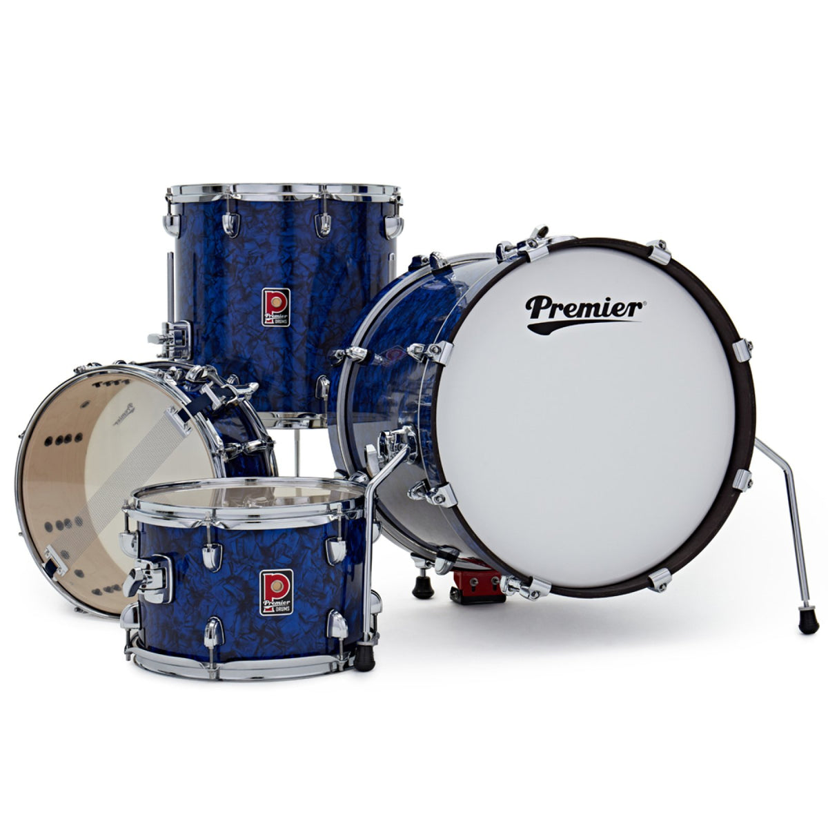 Rear view of the Premier Artist Heritage 18-inch 4-piece shell pack in Blue Pearl, showing the bass drum with Premier logo head and the toms and snare