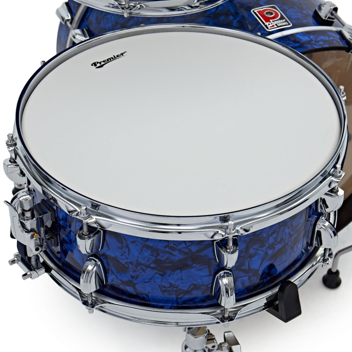 Top view of the snare drum with coated head from the Premier Artist Heritage 18-inch 4-piece shell pack in Blue Pearl