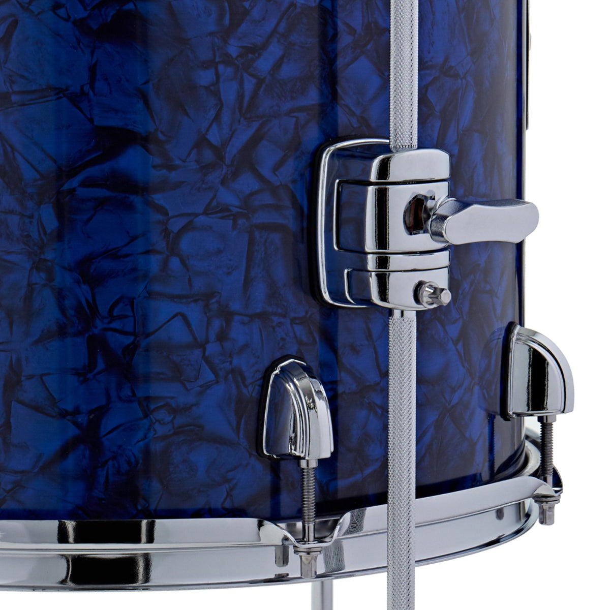 Close-up of the floor tom leg bracket and lugs on the Premier Artist Heritage 18-inch 4-piece shell pack in Blue Pearl