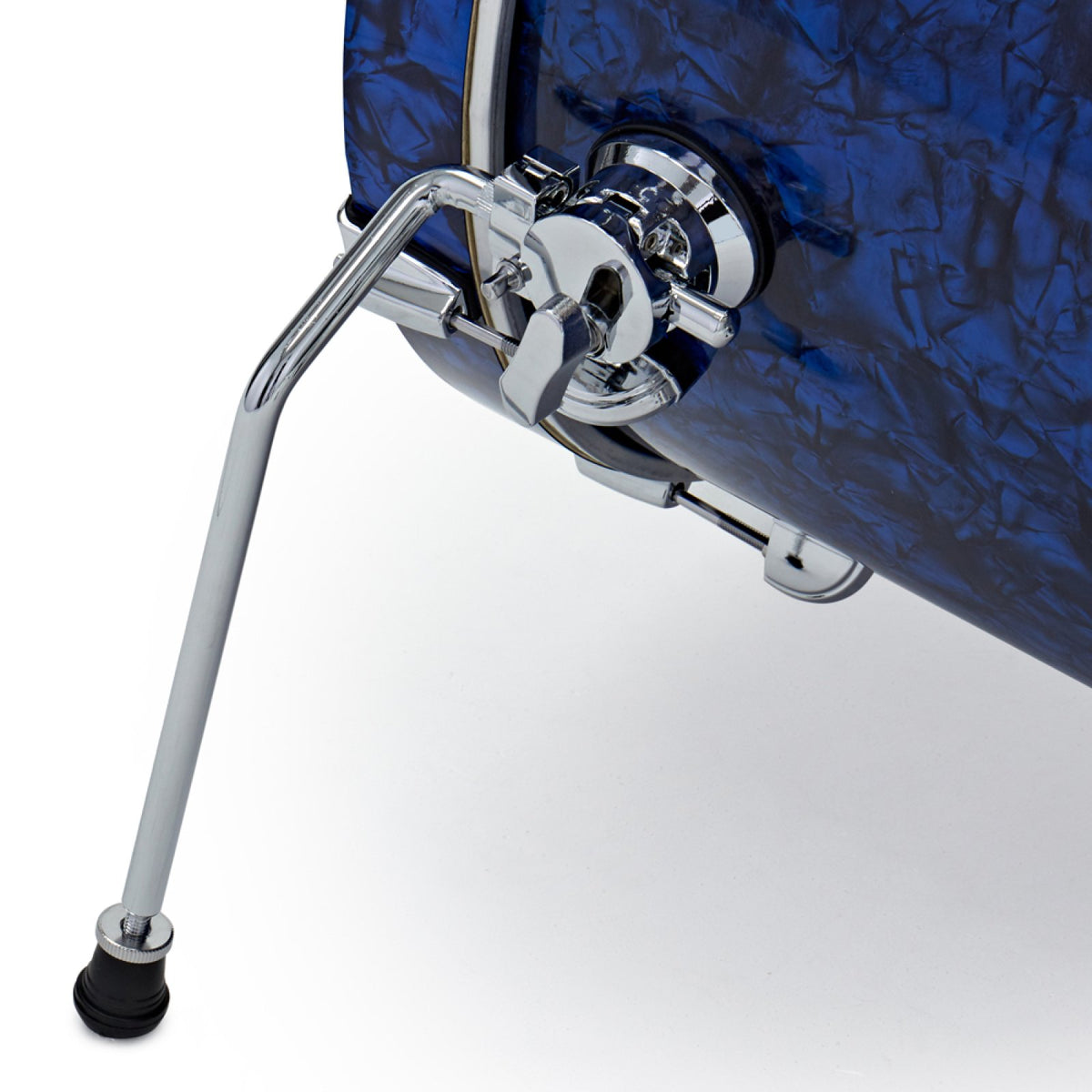 Close-up of the folding bass drum spur on the Premier Artist Heritage 18-inch 4-piece shell pack in Blue Pearl