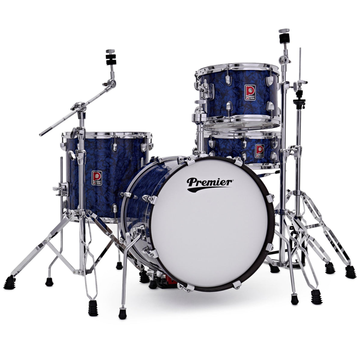 The Premier Artist Heritage 18-inch 4-piece shell pack in Blue Pearl set up with cymbal stands, hi-hat and drum hardware (hardware and cymbals not included)