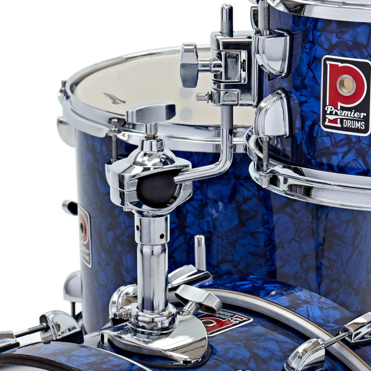 Close-up of the tom mount and bass drum hoop on the Premier Artist Heritage 20-inch 4-piece shell pack in Blue Pearl
