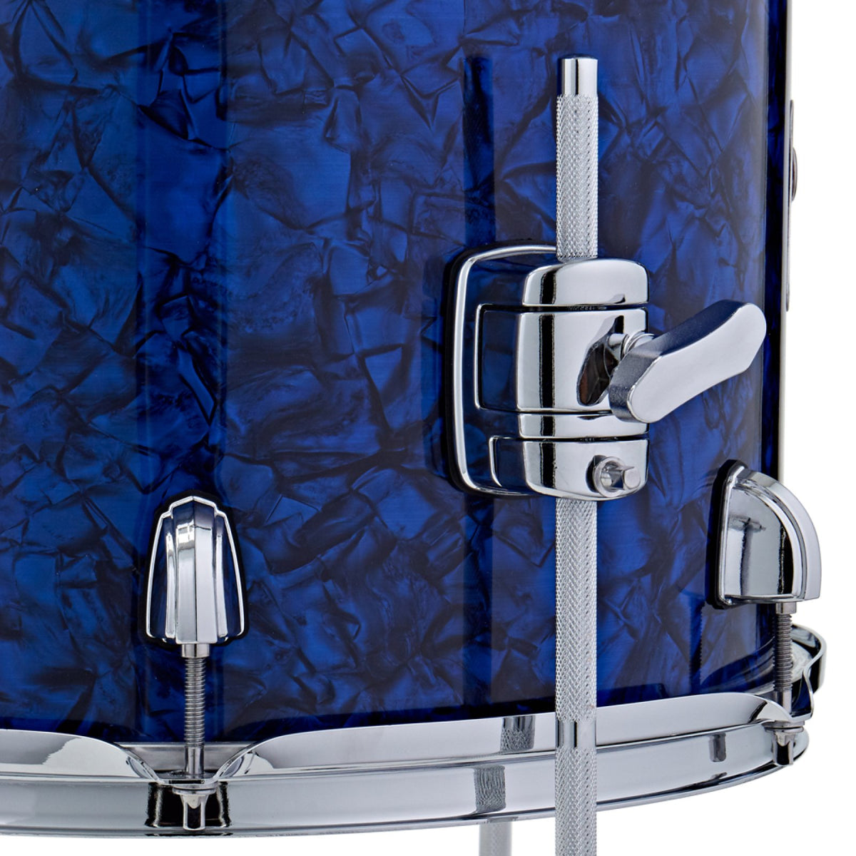 Close-up of the floor tom leg bracket and lugs on the Premier Artist Heritage 20-inch 4-piece shell pack in Blue Pearl