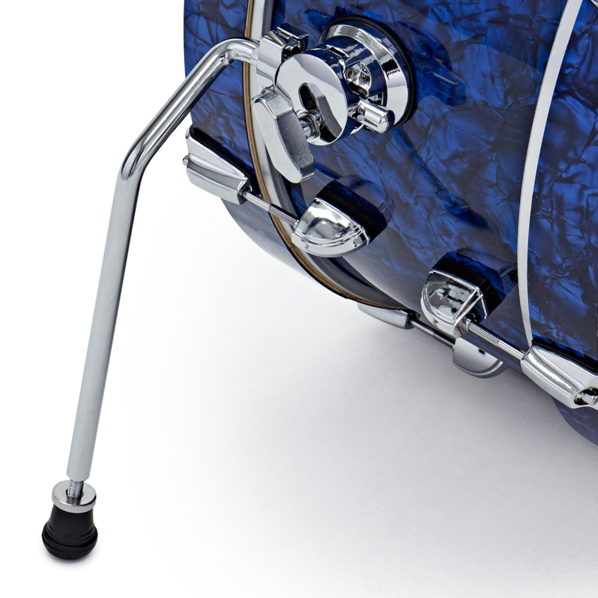 Close-up of the folding bass drum spur on the Premier Artist Heritage 20-inch 4-piece shell pack in Blue Pearl