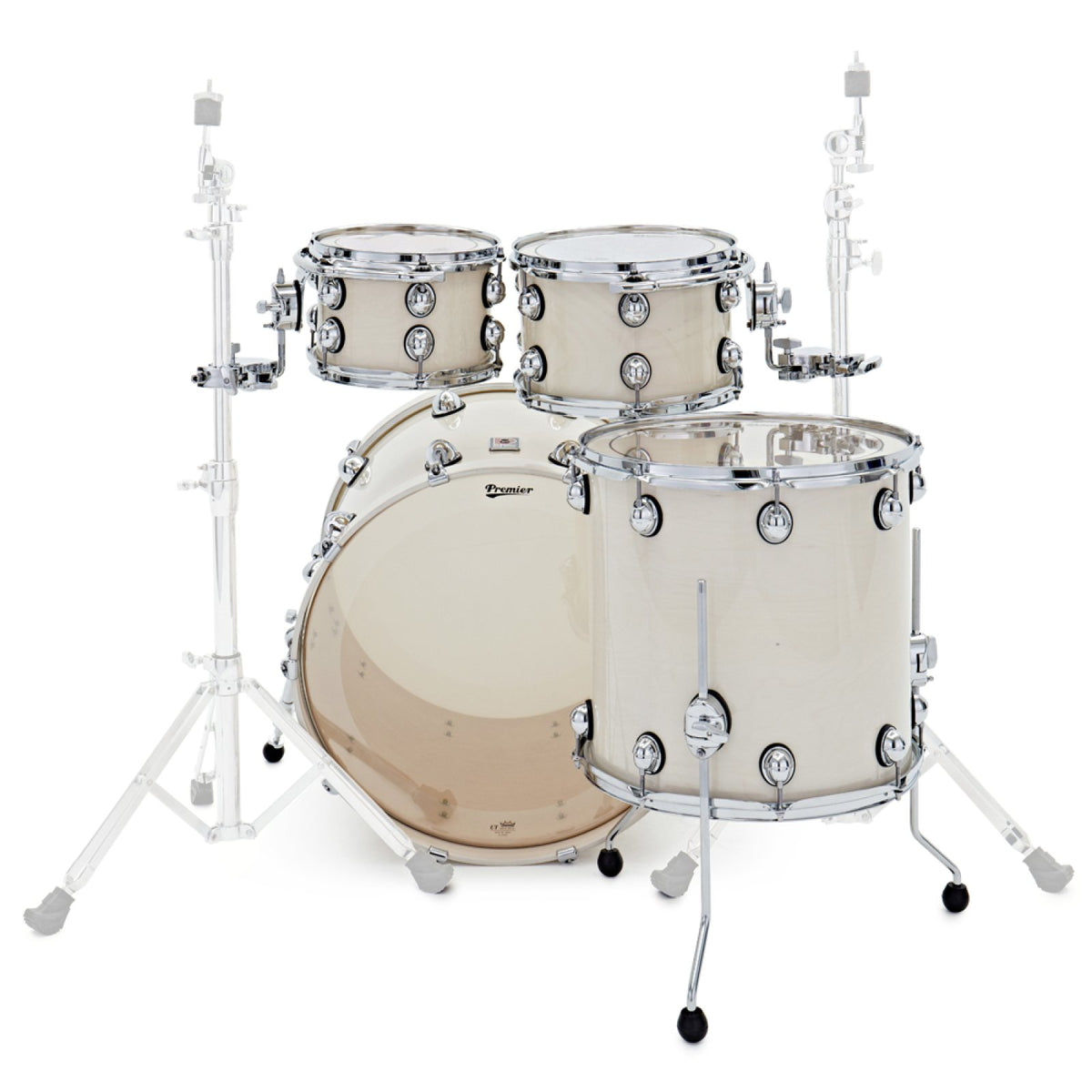 Premier Genista Classic 22" 4-piece birch shell pack in Ermine, front view of two rack toms, floor tom and bass drum on stands