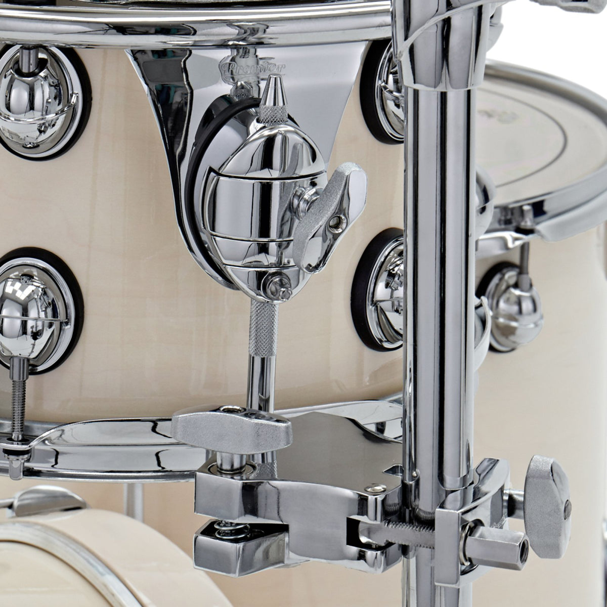 Close-up of the tom holder clamp and mounting bracket on an Ermine Premier Genista Classic tom