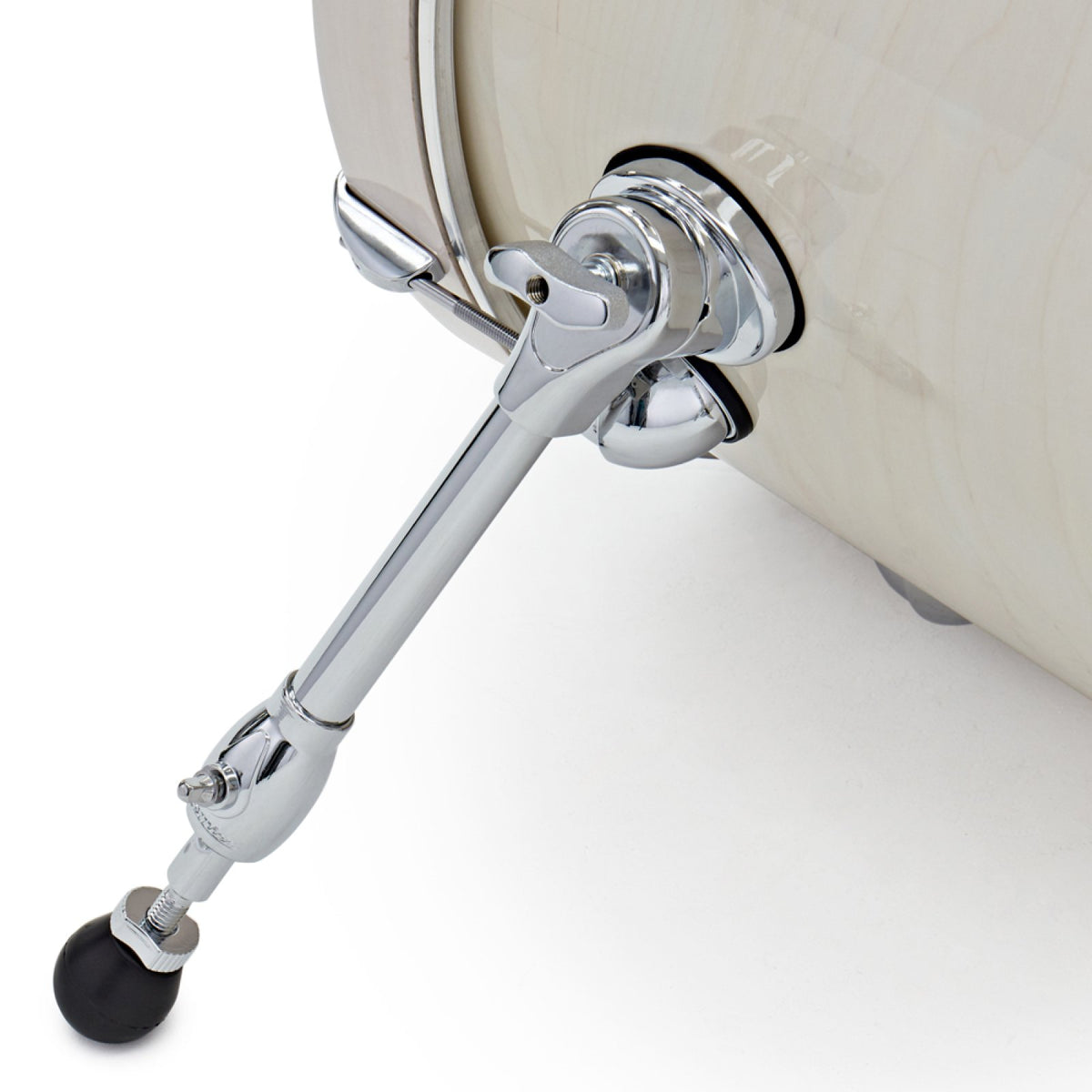 Close-up of the bass drum spur and rubber foot on the Ermine Premier Genista Classic bass drum