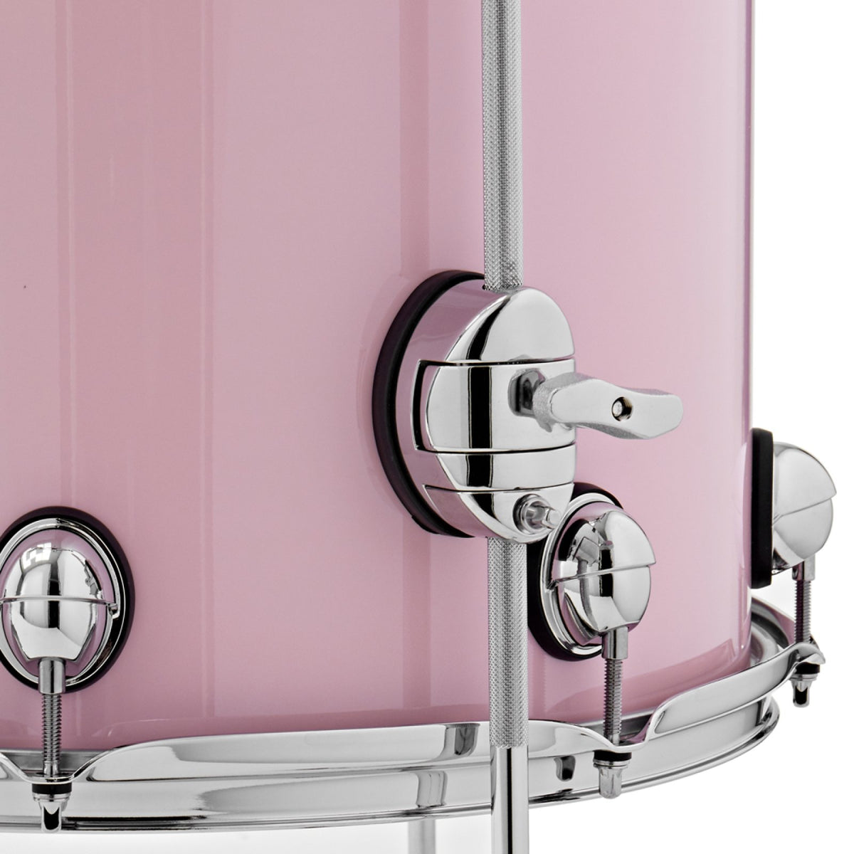 Close-up of the low-profile ISO mount and lugs on a Pink Premier Genista Maple floor tom