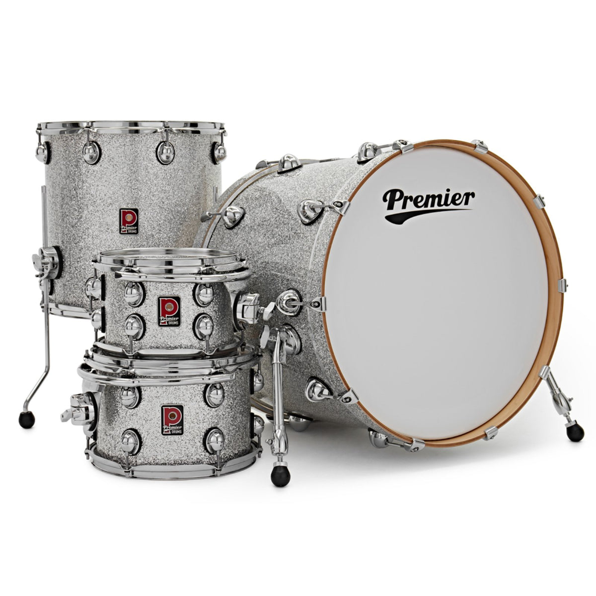 Premier Genista Maple Silver Sparkle shell pack, side view of the 22 x 18 bass drum with natural wood hoop, floor tom and two rack toms