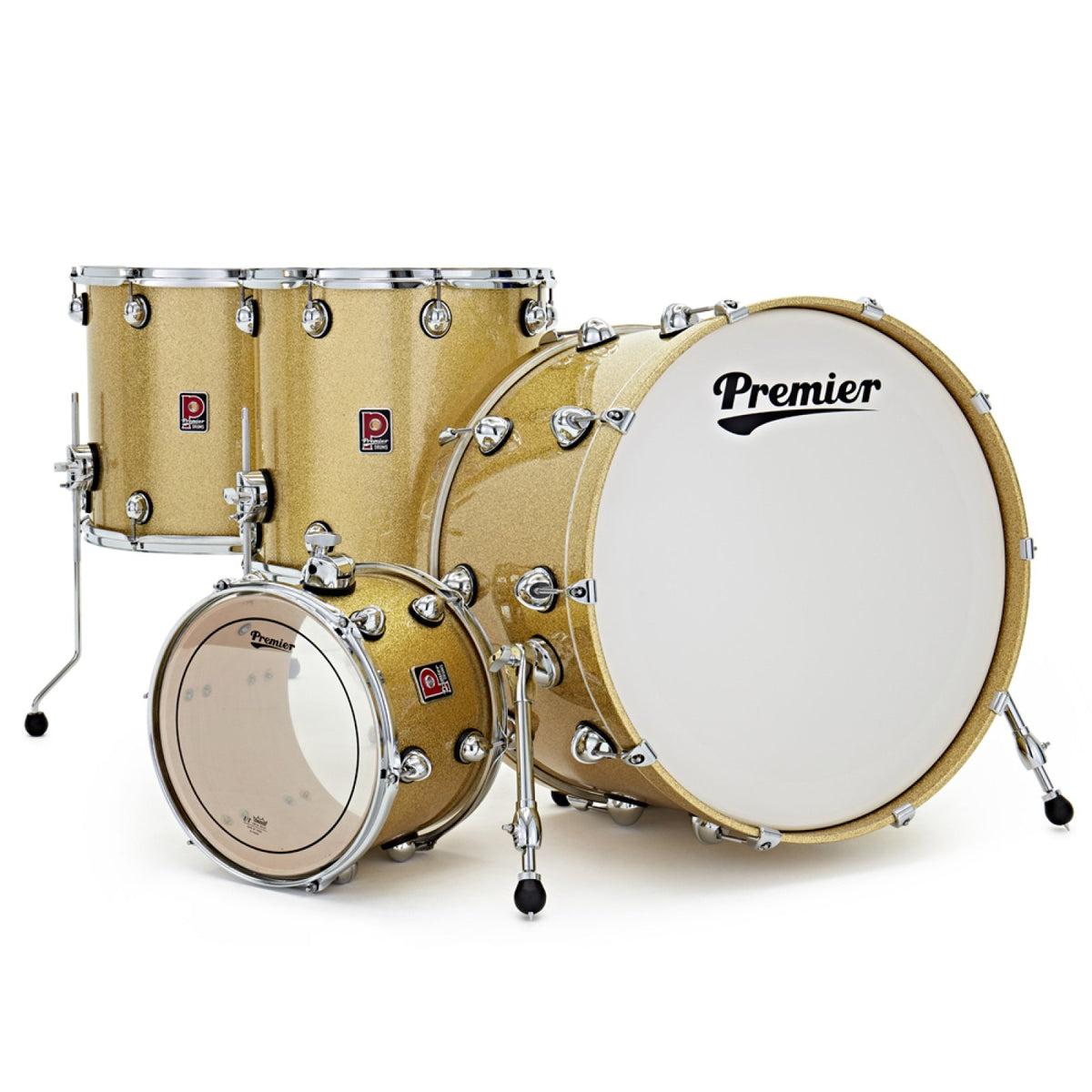 Premier Genista Heritage Vintage Gold Sparkle shell pack, side view of the 24 x 14 bass drum with the rack tom and floor toms