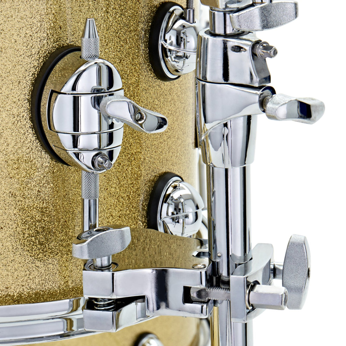 Close-up of the tom holder clamp and mounting bracket on a Vintage Gold Sparkle Premier Genista Heritage tom