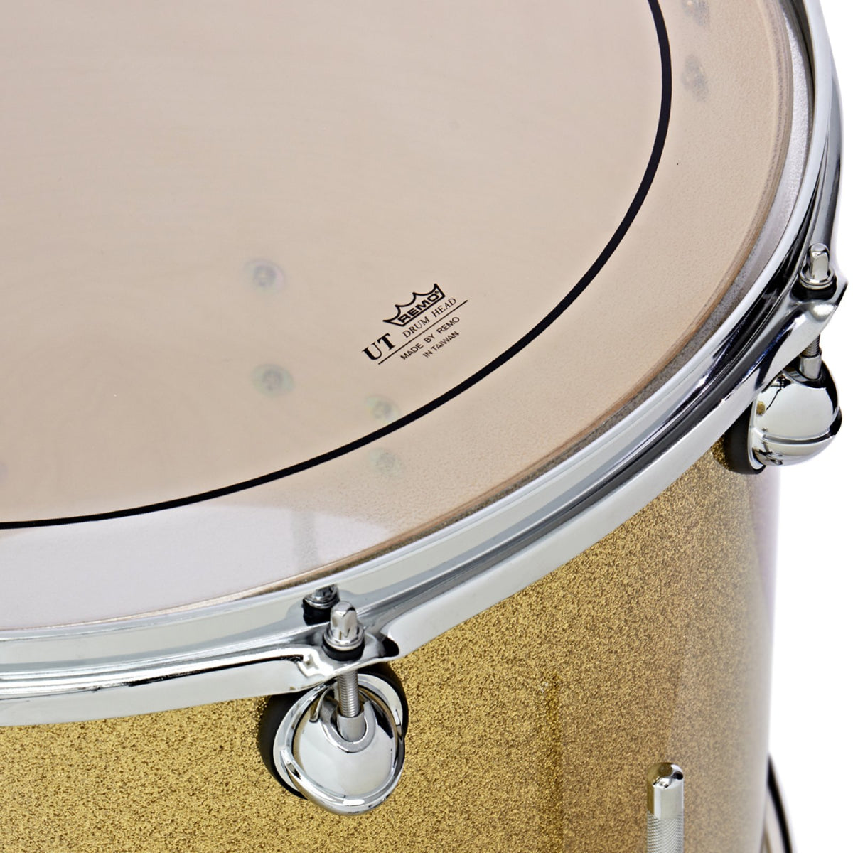 Close-up of the Remo Pinstripe UT drumhead and chrome hoop on a Vintage Gold Sparkle Premier Genista Heritage tom