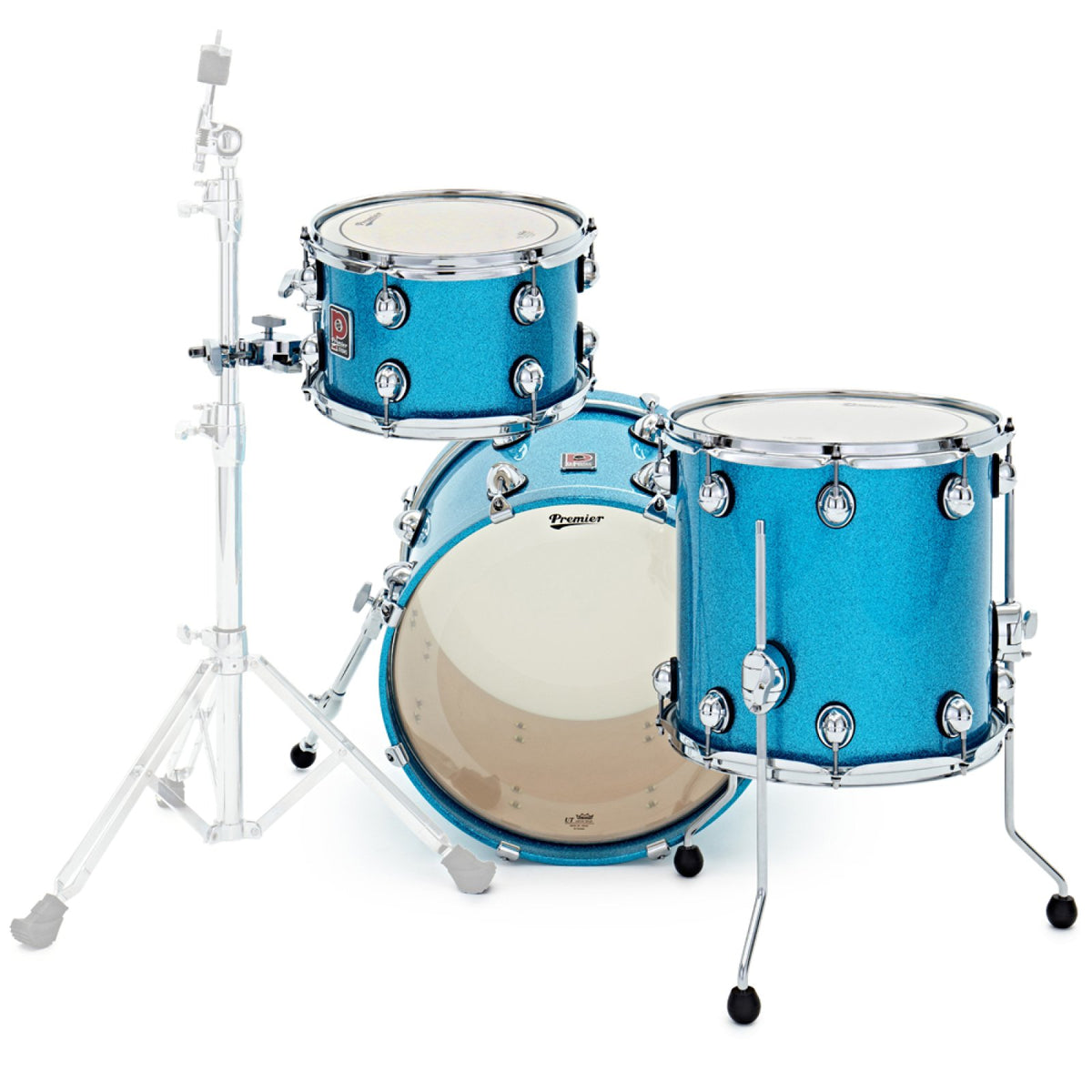 Front view of the Premier Genista Heritage 3-piece 18-inch shell pack in Aqua Sparkle, with two toms and bass drum shown on stands (stands are not included)