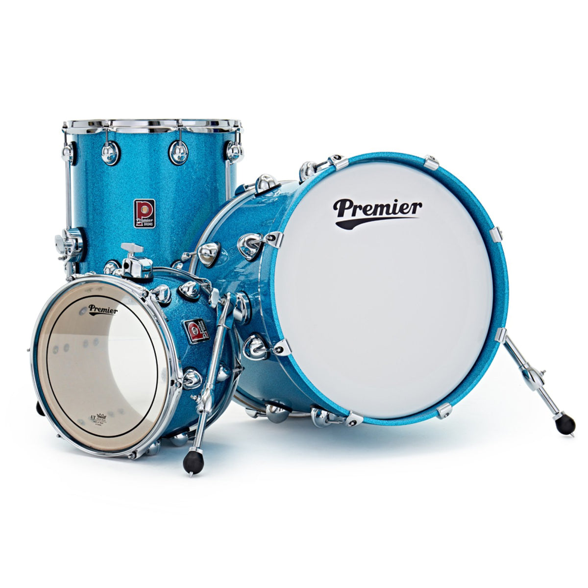 Rear view of the Premier Genista Heritage 3-piece 18-inch shell pack in Aqua Sparkle, showing the Premier logo bass drum head, floor tom and rack tom