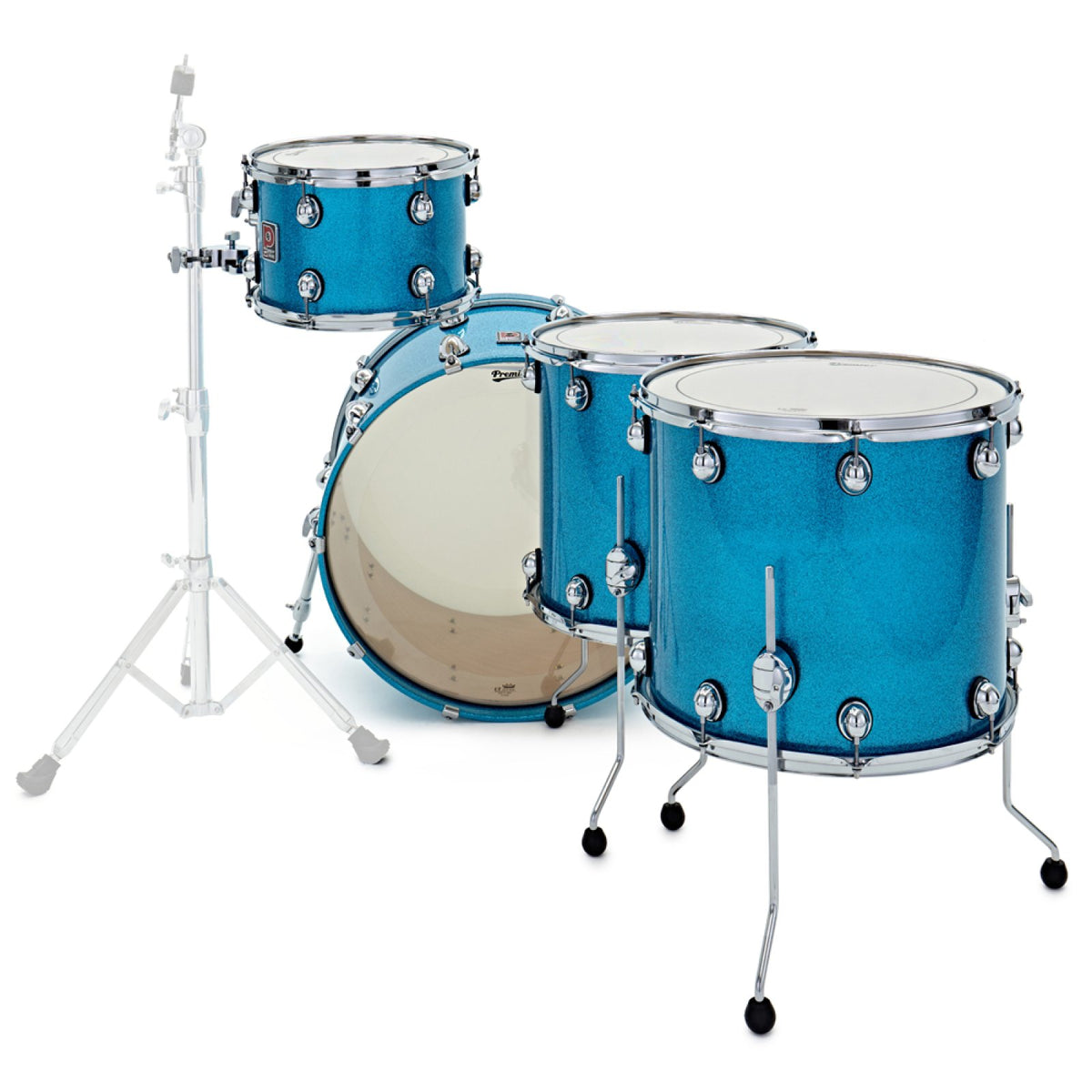 Premier Genista Heritage 24" 4-piece birch shell pack in Aqua Sparkle, front view of the rack tom, two floor toms and bass drum