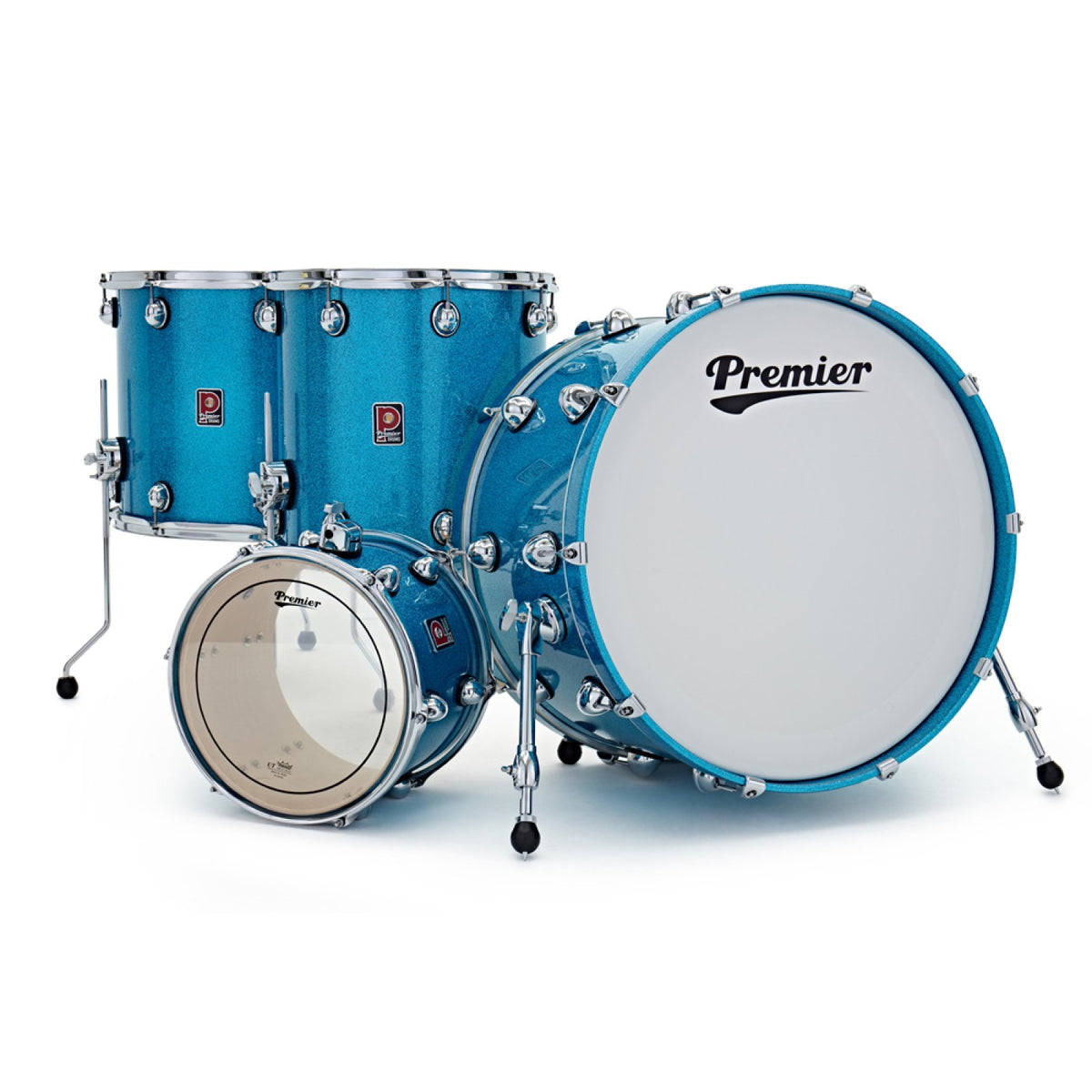 Premier Genista Heritage Aqua Sparkle shell pack, side view of the 24 x 14 bass drum with the rack tom and floor toms