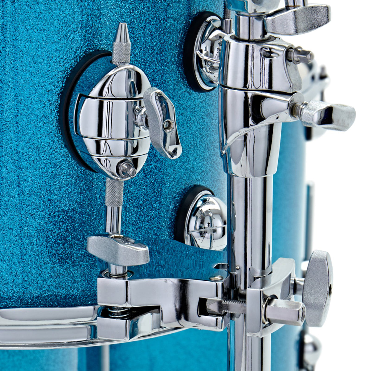 Close-up of the tom holder clamp and mounting bracket on an Aqua Sparkle Premier Genista Heritage tom