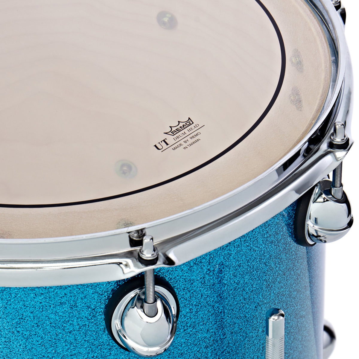 Close-up of the Remo Pinstripe UT drumhead and chrome hoop on an Aqua Sparkle Premier Genista Heritage tom