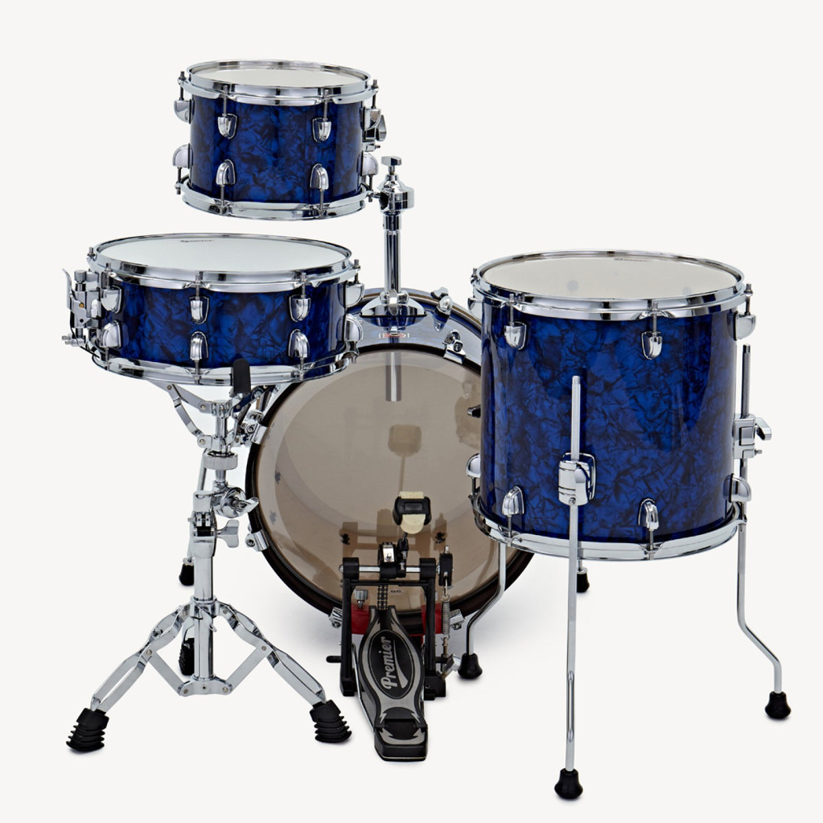 Front view of the Premier Artist Heritage 16-inch 4-piece shell pack in Blue Pearl, with toms, snare and bass drum shown on stands (stands and pedal are not included)