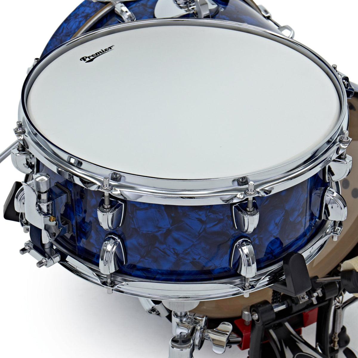 Top view of the snare drum with coated head from the Premier Artist Heritage 16-inch 4-piece shell pack in Blue Pearl
