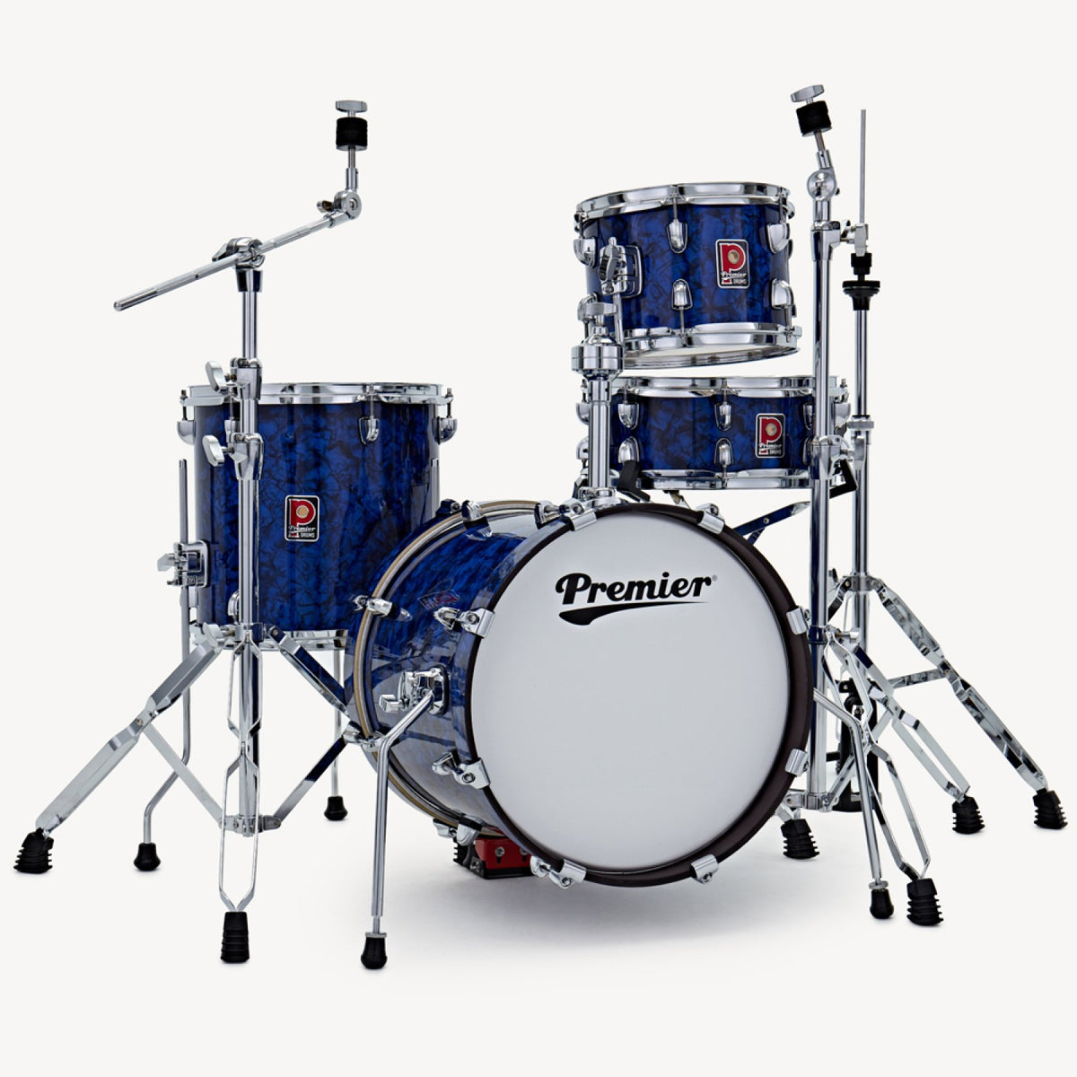 The Premier Artist Heritage 16-inch 4-piece shell pack in Blue Pearl set up with cymbal stands, hi-hat and drum hardware (hardware and cymbals not included)