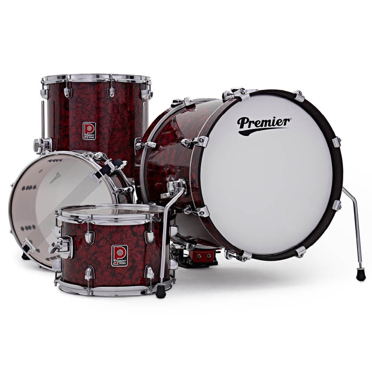 Front view of the Premier Artist Heritage 18-inch 4-piece shell pack in Burgundy Pearl with floor tom, rack tom, snare and bass drum