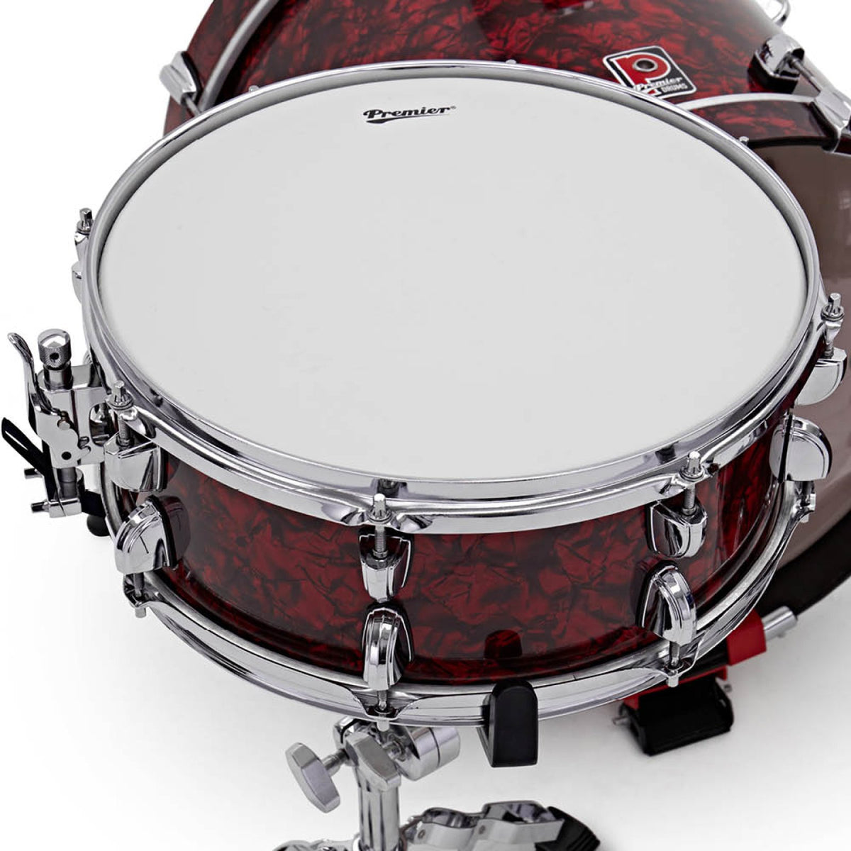 Top view of the snare drum with coated head from the Premier Artist Heritage 18-inch 4-piece shell pack in Burgundy Pearl