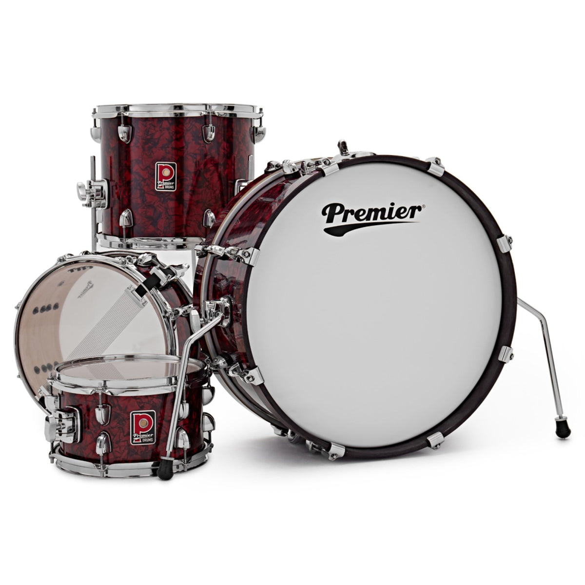 Rear view of the Premier Artist Heritage 20-inch 4-piece shell pack in Burgundy Pearl, showing the bass drum with Premier logo head and the toms and snare
