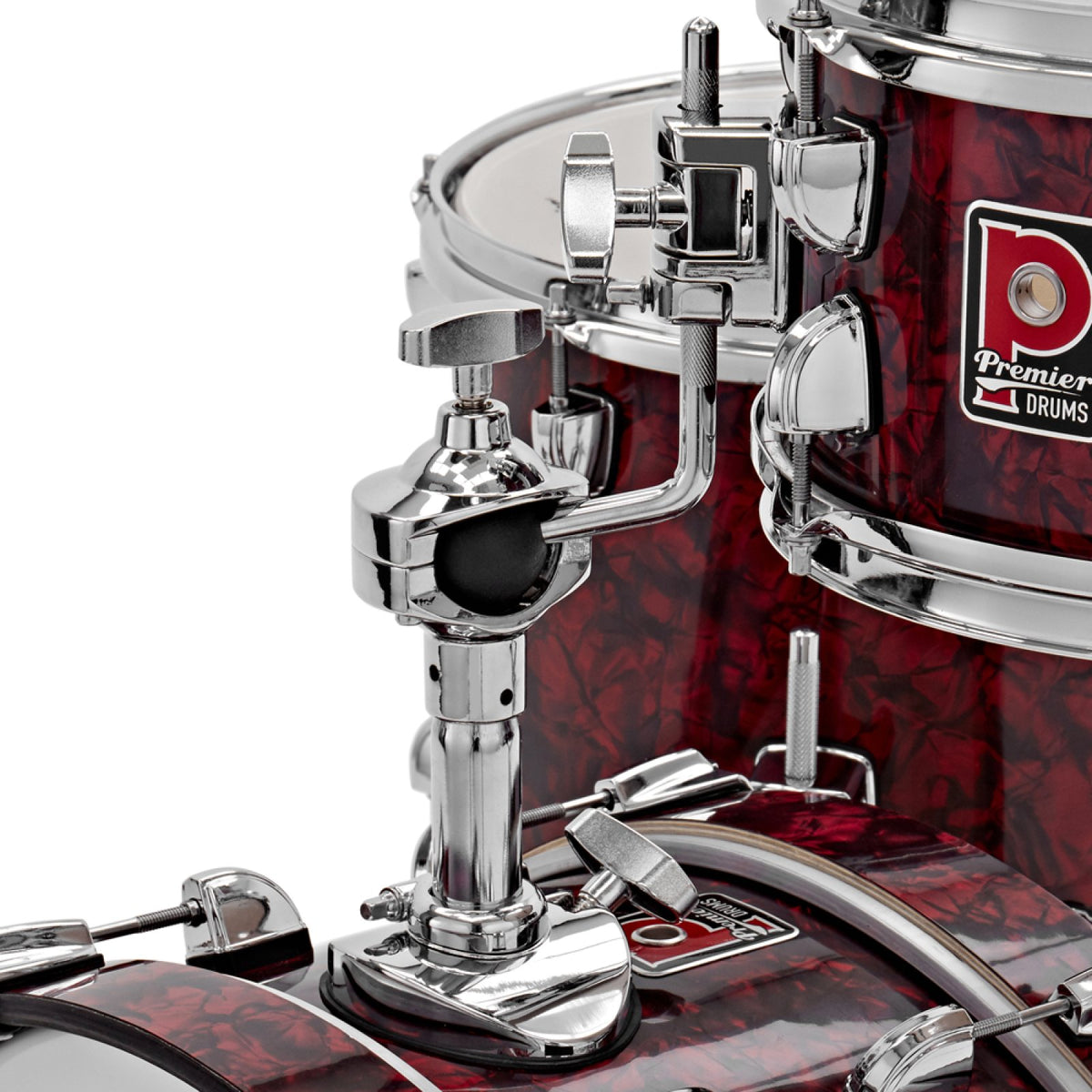 Close-up of the tom mount and bass drum hoop on the Premier Artist Heritage 20-inch 4-piece shell pack in Burgundy Pearl