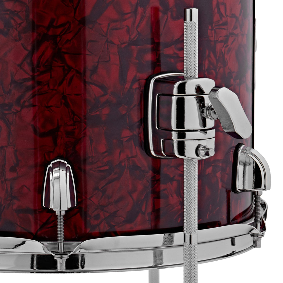 Close-up of the floor tom leg bracket and lugs on the Premier Artist Heritage 20-inch 4-piece shell pack in Burgundy Pearl