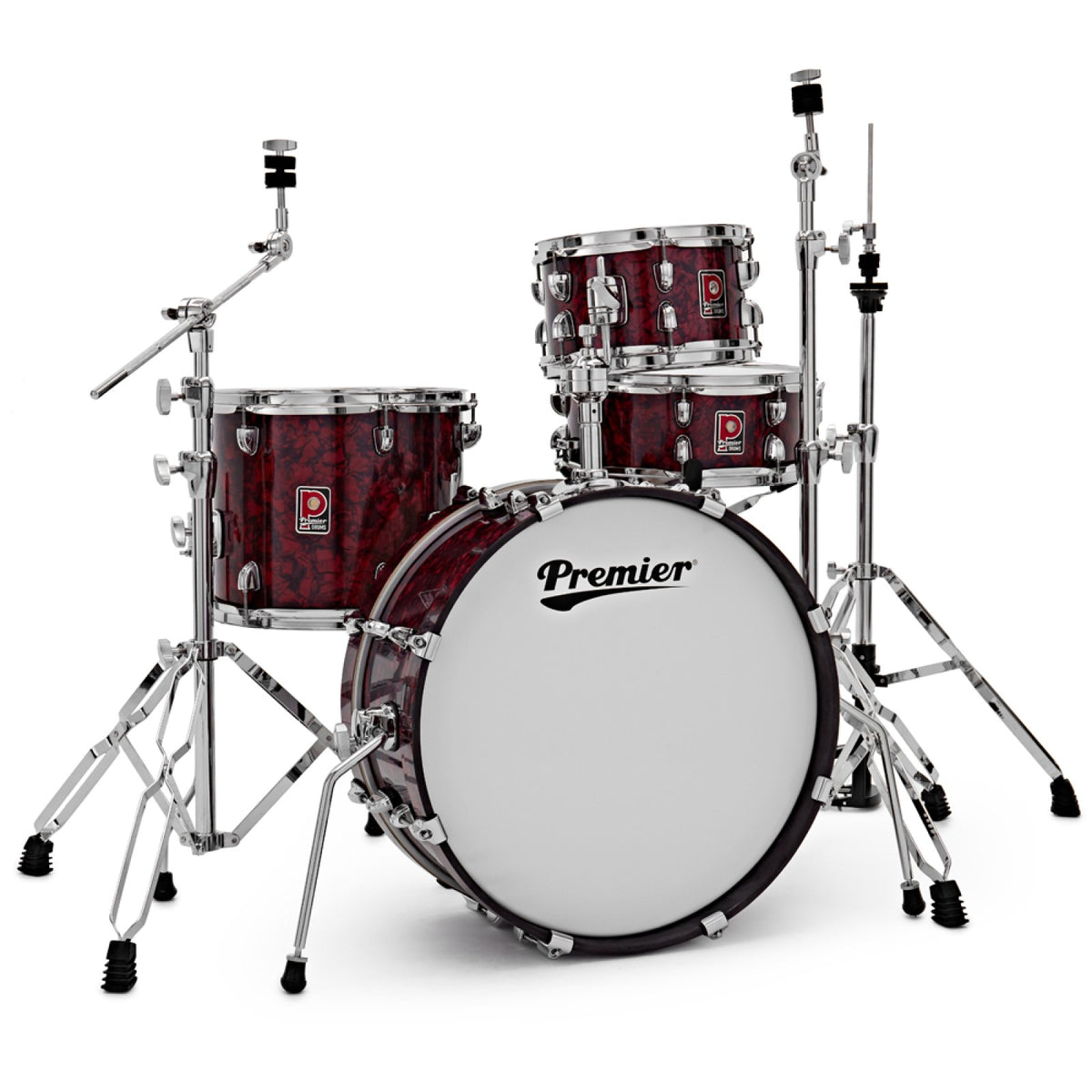 Close-up of the folding bass drum spur on the Premier Artist Heritage 20-inch 4-piece shell pack in Burgundy Pearl