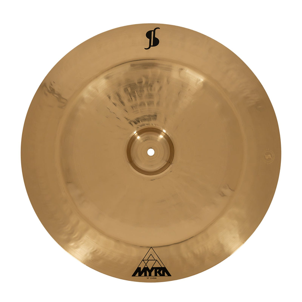 Stagg 18" Myra China Cymbal, top view with the Stagg S emblem and Myra logo