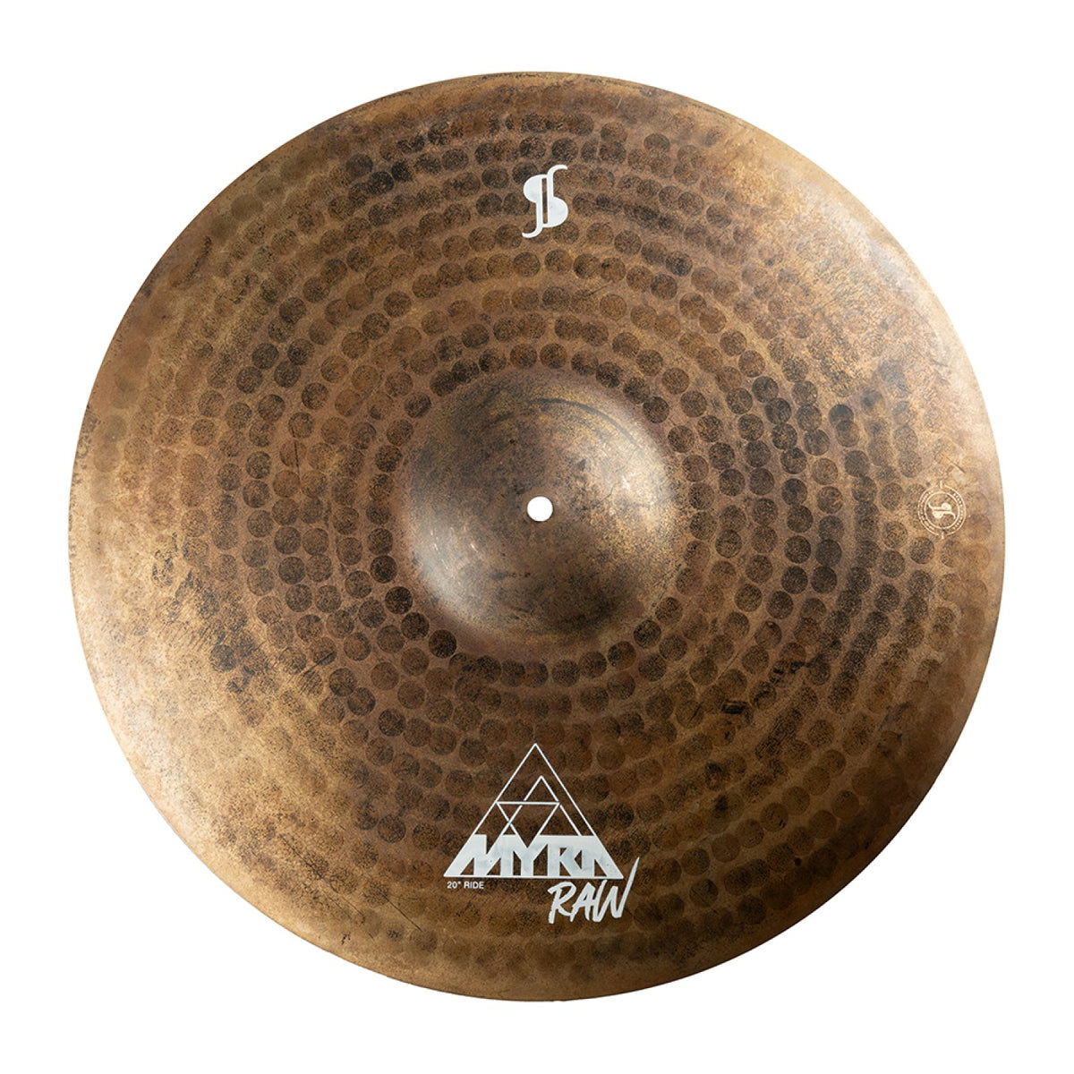 Stagg MYRA Raw 20-inch ride cymbal seen from above, showing the hammered raw surface and MYRA Raw logo